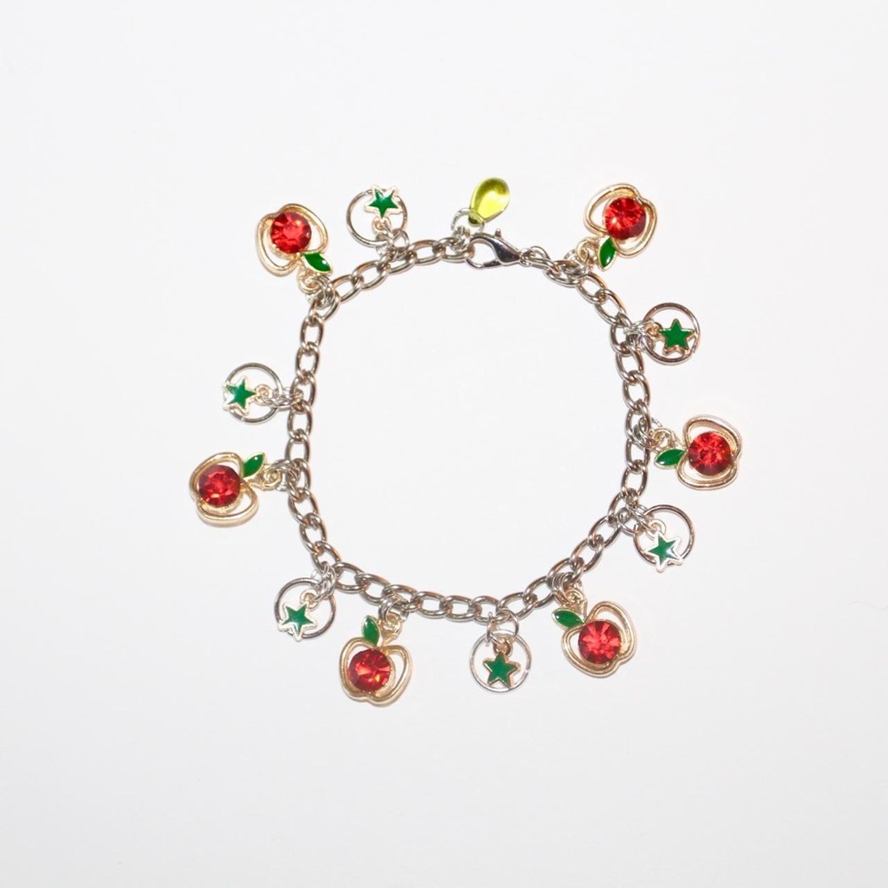 Dainty Apple rhinestone and green star charm bracelet